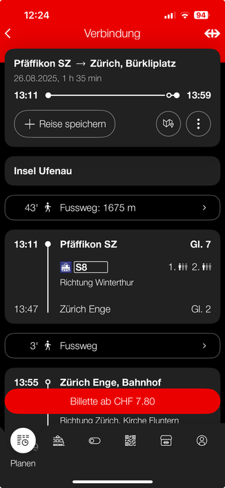 Online-Fahrplan für Insel Ufenau nach Zürich. Route beginnt mit einem 1675m-„Fussweg“ nach Pfäffikon.