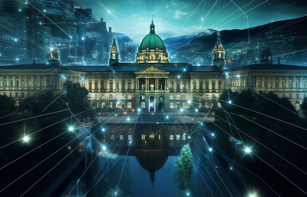 KI-generiertes Bild, welches eine Approximation des Bundeshauses im Datenmeer zeigt