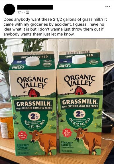 Picture of two boxes of milk called „grassmilk“. And a social media post of somebody who thinks this is bad and wants to give them away.